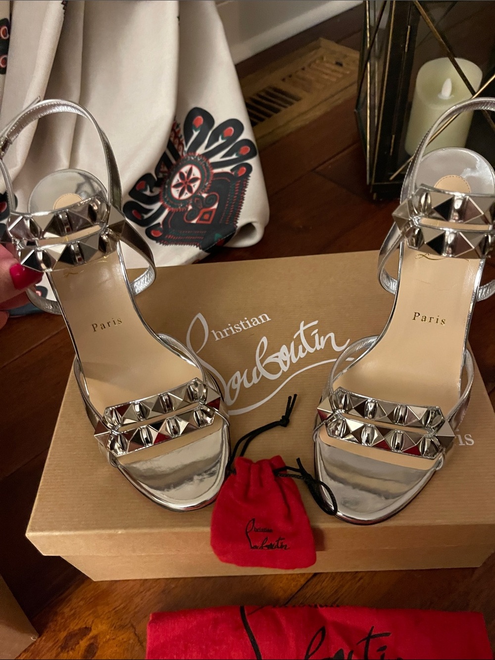Christian Louboutin Metallic Silver Stud-Embellished Slingback Heels
